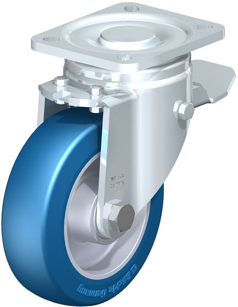Blickle LH-ALBS 125K-1-ST Stahlblech-Lenkrolle, Schwerlast-Ausführung, mit Anschraubplatte & Feststeller, Blickle Besthane® Soft, Blau, 744048