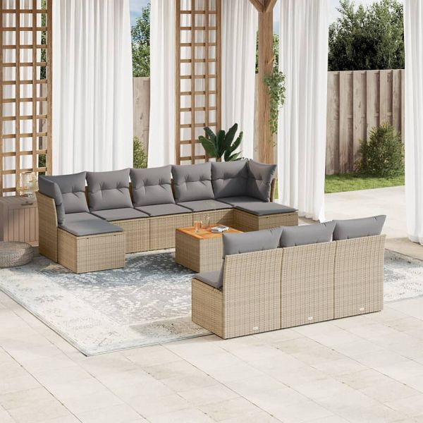vidaXL 11-tlg. Garten-Sofagarnitur mit Kissen Beige Poly Rattan, 3256199