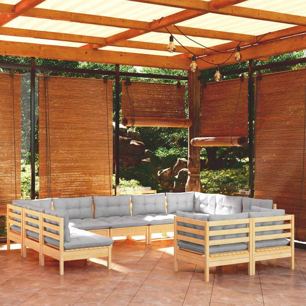 vidaXL 11-teilig Garten-Lounge-Set mit Grauen Kissen Kiefer Massivholz, 3097258