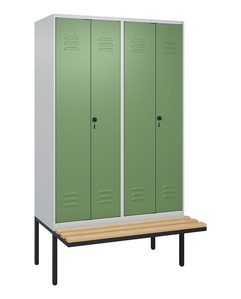 C+P Umkleidespind Classic PLUS SW, 4 Abteile, 2120x1200x815mm, 7035/6011, Drehriegel, Buche-Sitzleisten, 0800427-40 S10006