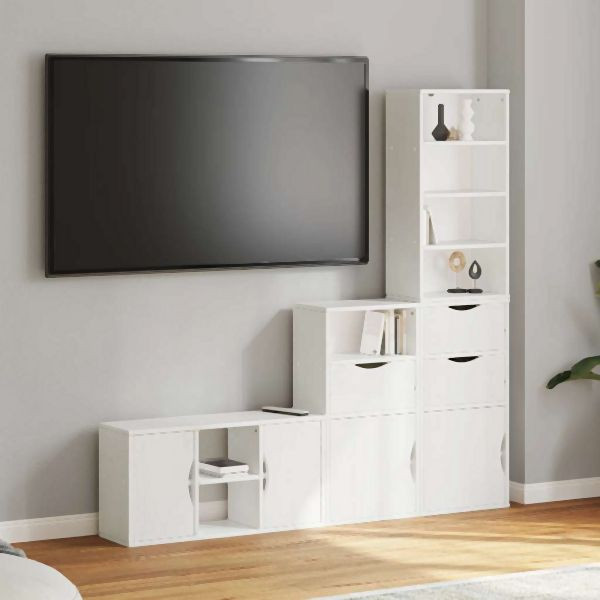 vidaXL 4-teilig Wohnwand mit Stauraum ODDA Weiß Massivholz Kiefer, 3365373