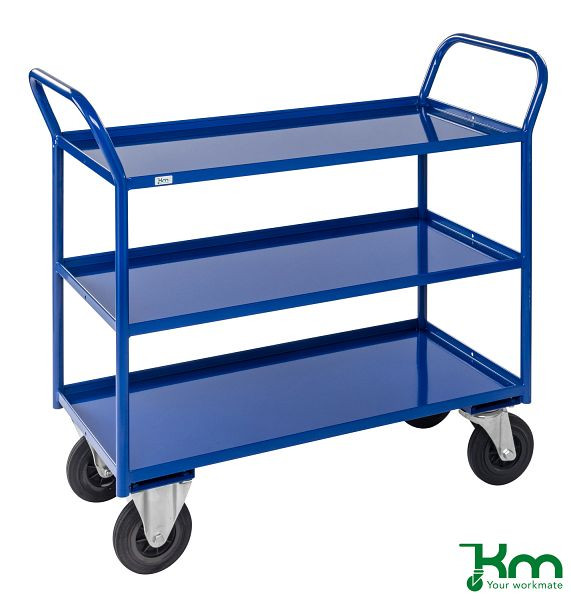 Kongamek Etagenwagen mit 3 Böden, vollständig geschweißt, 1080 x 450 x 1000 mm, Blau, 2 Bockrollen 2 Lenkrollen mit Bremse, KM4134-BB