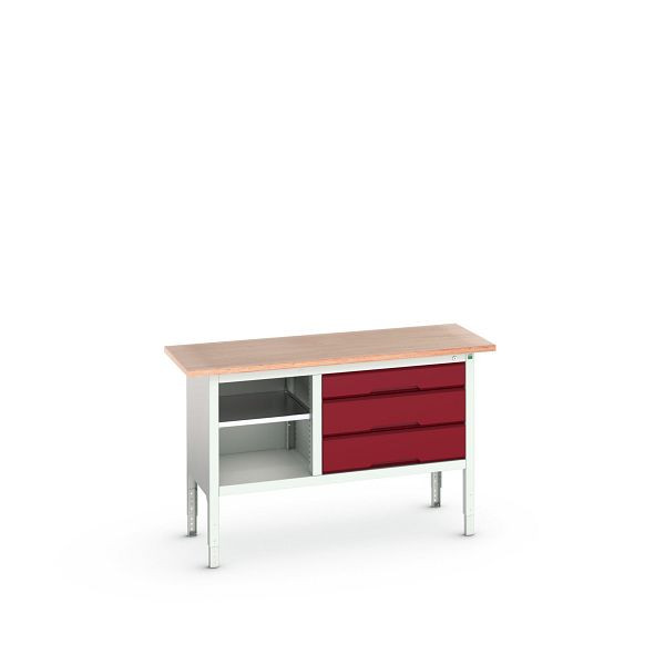 bott verso Kastenwerkbank mit einstellbarer Arbeitshöhe und offenem Schrank mit 3 Schubladen, 1500x600x830-930mm, Lichtgrau/Purpurrot, 16923013.24