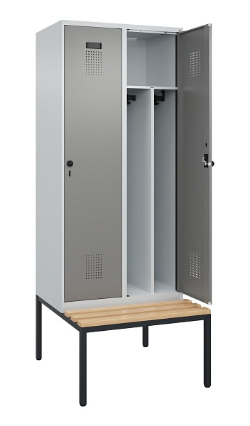 C+P Spind Evolo PLUS, 2 Abteile, 2120x800x815mm, 7035/0004, Haken 4, Drehriegel, Sitzfläche Buche-Hartholz, Sitzbank, Trennwand, 0490507-22F S10014