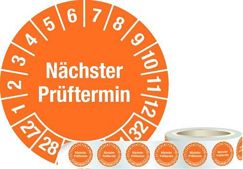 DENIOS Prüfplakette "Nächster Prüftermin", 27 - 32, orange, Folie, SK, 30 mm, VE: 1 Rolle à 1000 Stück, 290048