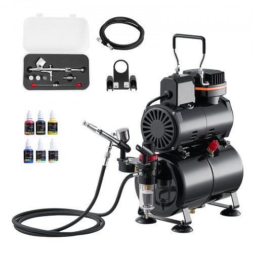 VEVOR Airbrush Set 1/6 PS mit Kompressor & Tank, Airbrush mit 3 Düsen (0,2/0,3/0,5 mm), Schlauch & Acrylfarbe, JCBTZW1OGYQGR6H0J001V2