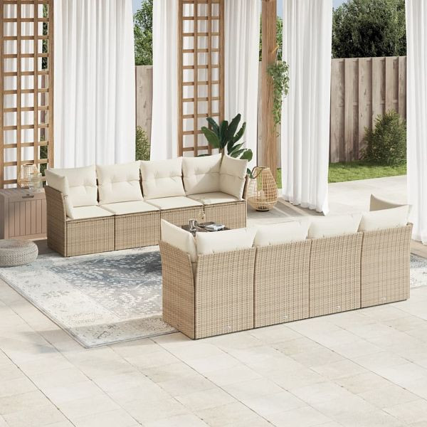 vidaXL 9-tlg. Garten-Sofagarnitur mit Kissen Beige Poly Rattan, 3249147