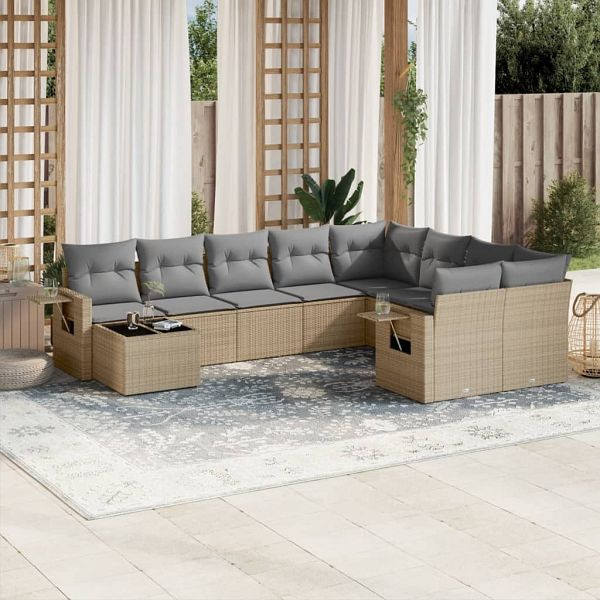 vidaXL 10-teilig Garten-Sofagarnitur mit Kissen Beige Poly Rattan, 3220658