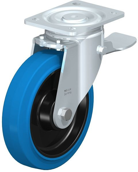 Blickle LH-POEV 200KD-ST-SB Stahlblech-Lenkrolle, Schwerlast-Ausführung, mit Anschraubplatte & Feststeller, Elastik-Vollgummi, Blau, 851881