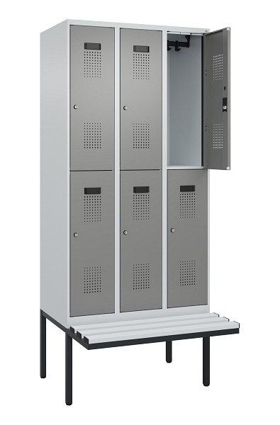 C+P Doppelstock-Spind Evolo PLUS, Bank, 6 Fächer, 2120x900x815mm, 7035/0004, Zylinderschloss, Sitzfläche Kunststoff, 0493407-30 S10122