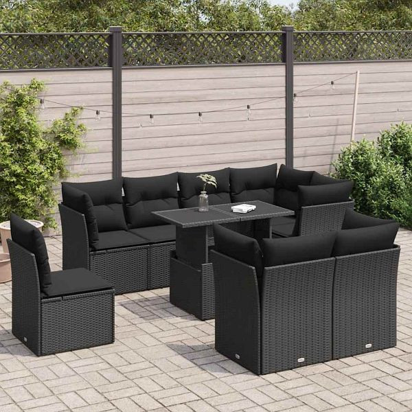 vidaXL 9-tlg. Garten-Sofagarnitur mit Kissen Schwarz Poly Rattan, 3326176