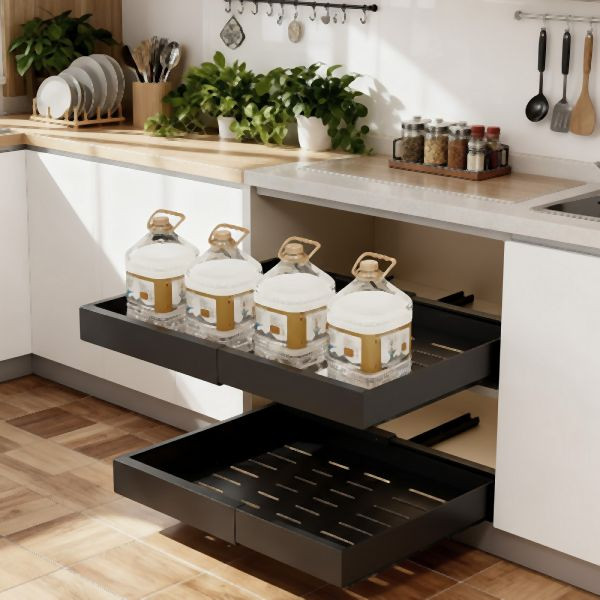 HOME NATURE WOHNKONZEPT Küchenschrank Ausziehschublade, 2er Set, mit Klebehalterung ohne Bohren, 52x42x7,5cm, Karbonstahl, Schwarz, YQ0206