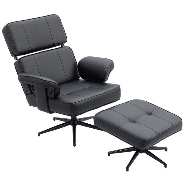 HOMCOM Verstellbarer Liegesessel mit Fußhocker, Kunstleder-Bezug, höhenverstellbare Kopfstütze, Metallbasis, Schwarz, 83B-602V00BK