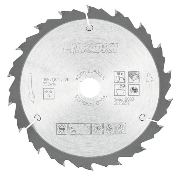 HiKOKI TCT Kreissägeblatt Holz 165x20 Z18 Flach- / Wechselzahn, 752414