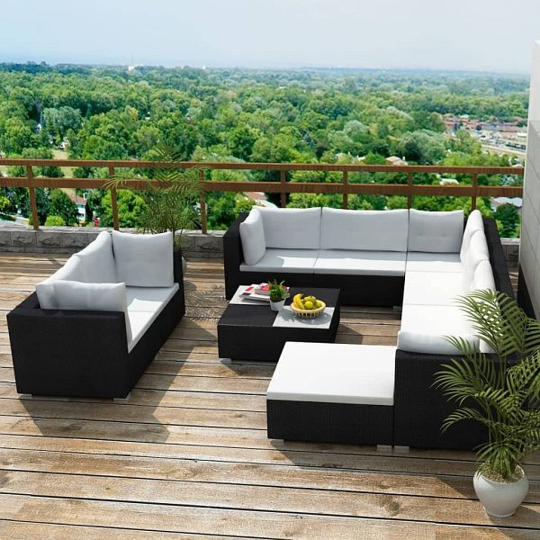 vidaXL 10-teilig Garten-Lounge-Set mit Auflagen Poly Rattan Schwarz, 41876