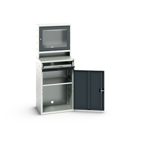 bott verso Computerschrank mit Bildschrimfach, mit Hängeschrank, 1 Fachboden, 1 Tablar, BxTxH: 650 x 550 x 1650 mm, Lichtgrau / Anthrazitgrau, 16928001.19