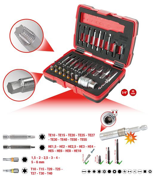 KS Tools 1/4" + 10 mm Torx- und Innensechskant-Schrauben-Ausdreher-Satz, 34-teilig, 150.7060