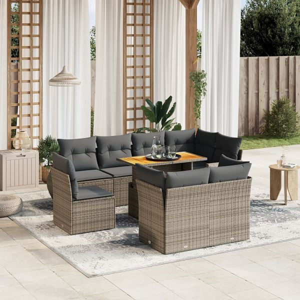 vidaXL 9-teilig Garten-Sofagarnitur mit Kissen Grau Poly Rattan, 3272292