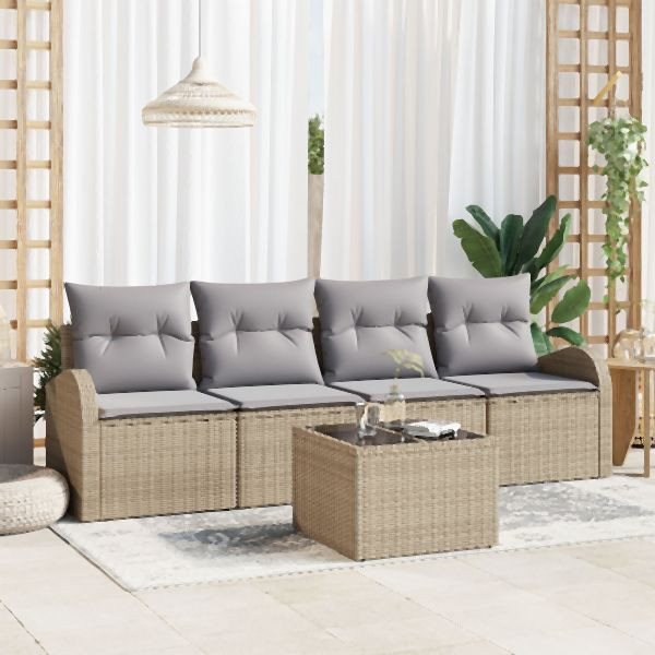 vidaXL 5-teiliges Garten-Sofa-Set mit Kissen Beige Poly-Rattan, 3345910