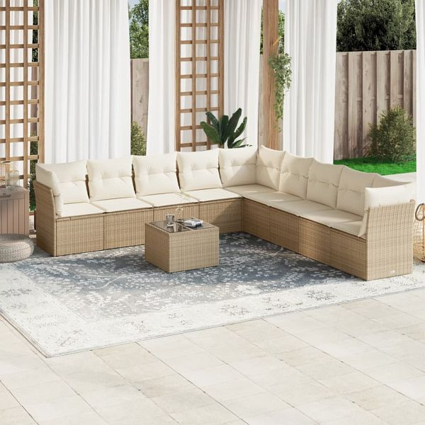 vidaXL 10-teilig Garten-Sofagarnitur mit Kissen Beige Poly Rattan, 3249627
