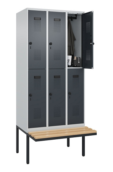 C+P Doppelstock-Spind Evolo PLUS, Bank, 6 Fächer, 2120x900x815mm, 7035/7016, Drehriegel, Sitzfläche Buche-Hartholz, 0493407-30 S10012