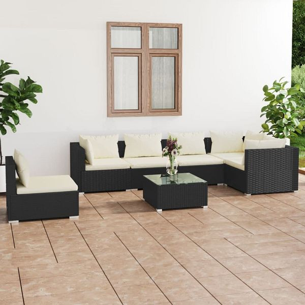 vidaXL 7-teilig Garten-Lounge-Set mit Kissen Poly Rattan Schwarz, 3102327