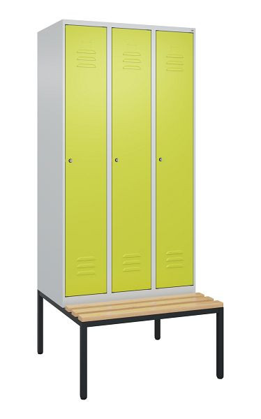 C+P Umkleidespind Classic PLUS, mit untergebauter Sitzbank, 3 Abteile, 2120x900x815mm, 7035/0024, Zylinderschlösser, Buche-Sitzleisten, 0800507-30 S10054