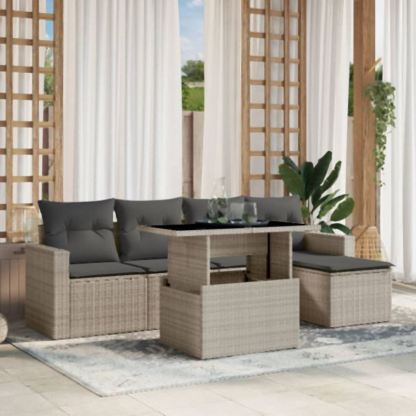 vidaXL 6-tlg. Garten-Sofagarnitur mit Kissen Hellgrau Poly Rattan, 3267242