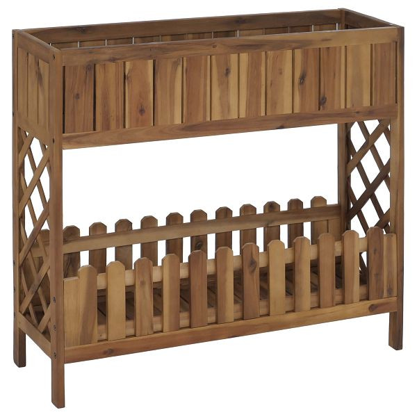 Mendler Hochbeet HWC-P83, Blumen-/Pflanzkasten Blumenregal Ablage, Outdoor Akazie Holz FSC®-zertifiziert 90x95x31cm, braun, 120450