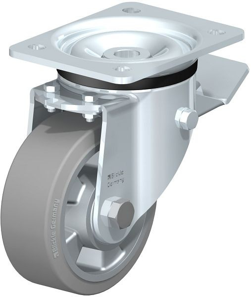 Blickle LK-ALEV 127K-ST-SG Stahlblech-Lenkrolle, schwere Ausführung, mit Anschraubplatte & Feststeller, Elastik-Vollgummi, Grau, 652388