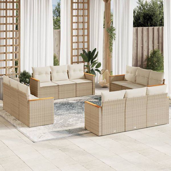 vidaXL 12-teilig Garten-Sofagarnitur mit Kissen Beige Poly Rattan, 3258236
