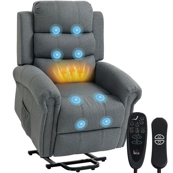 HOMCOM Massagesessel mit Aufstehhilfe, Relaxsessel, Vibrationsköpfe, mit Neigefunktion, Leinenoptik, Grau, 700-095V92GY