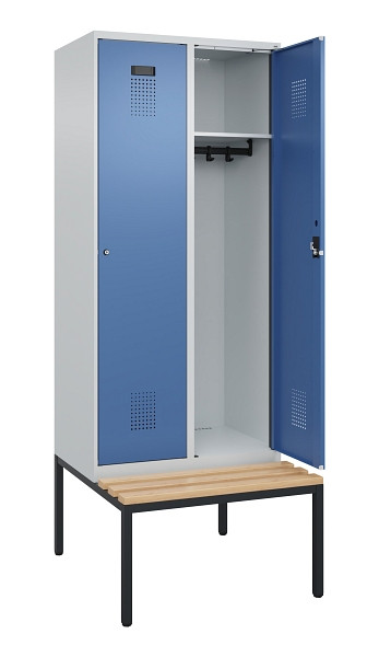 C+P Spind Evolo PLUS, 2 Abteile, 2120x800x815mm, 7035/5023, Haken 4, Zylinderschloss, Sitzfläche Buche-Hartholz, Sitzbank, 0490507-22 S10035