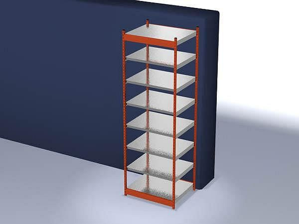 hofe Fachboden-Grundregal, 3000x800x1000 mm, 7 Fachebenen, verzinkt / RAL 2004, 200 kg Fachlast, 2000 kg Feldlast, einseitige Bedienung, ROG308010ME