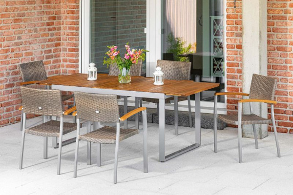 Merxx Silano Set 7-teilig, 6 Silano Stapelsessel, 1 Ausziehtisch 150 (200) x 90 cm, Tischplatte aus Akazienholz, silber/graubeige, 50384-258