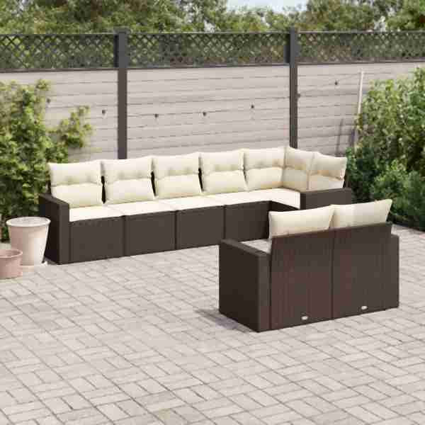 vidaXL 8-tlg. Garten-Sofagarnitur mit Kissen Braun Poly Rattan, UV-beständig, 3219213