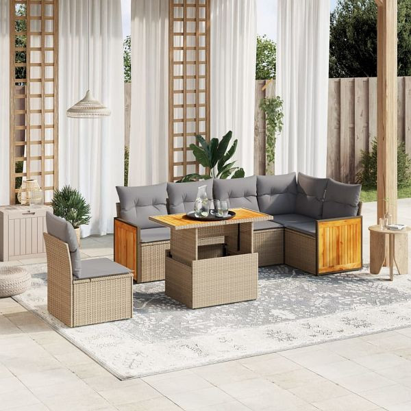 vidaXL 7-tlg. Garten-Sofagarnitur mit Kissen Beige Poly Rattan, 3273985