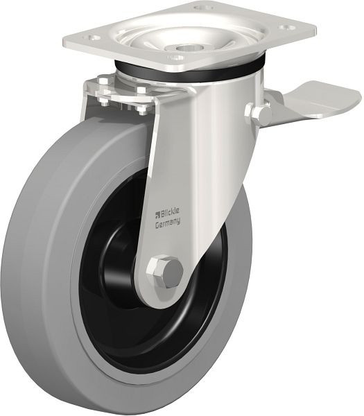 Blickle LKX-POEV 200XR-ST-SG Edelstahl-Schwerlast-Lenkrolle mit Anschraubplatte & Feststeller, Elastik-Vollgummi, Grau, 292847