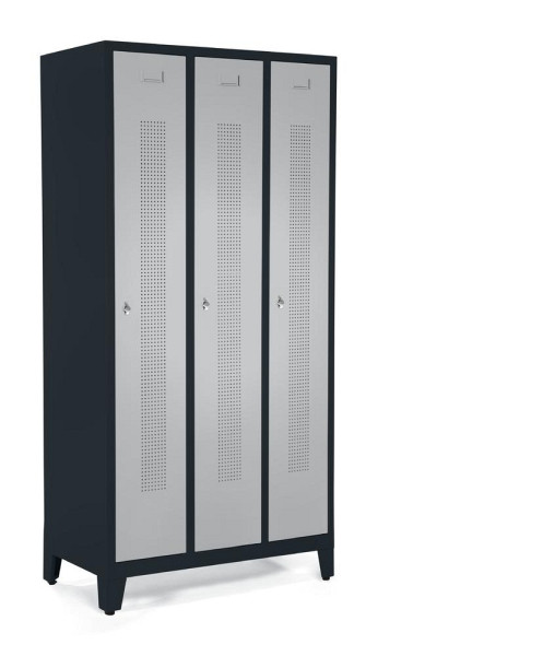 Deskin Garderobenspind mit Füßen, Alusilber RAL 9006, 1185 x 500 x 1800 mm, 3 Abteile, Korpus: Anthrazit RAL 7021, 347101