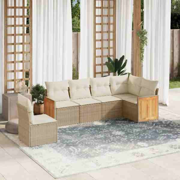 vidaXL 6-tlg. Garten-Sofagarnitur mit Kissen Beige Poly Rattan, UV-beständig, 3260098