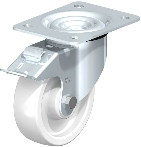 Blickle LK-SPO 125G-3-FI Stahlblech-Lenkrolle, schwere Ausführung, mit Anschraubplatte & Feststeller, Polyamid, Weiß, 616508