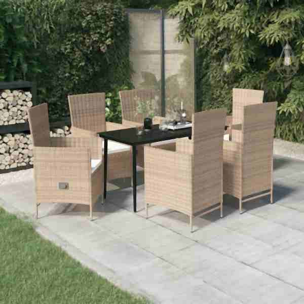 vidaXL 7-tlg. Garten-Essgruppe mit Kissen Beige, 3099458