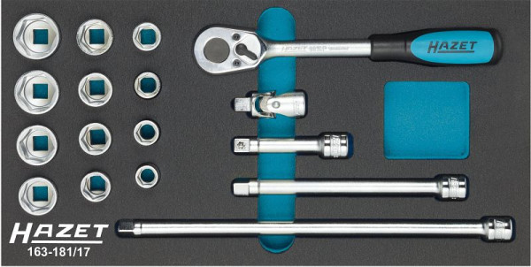 Hazet Steckschlüssel Satz, Vierkant hohl 10 mm (3/8 Zoll), Außen-Sechskant-Tractionsprofil, 163-181/17