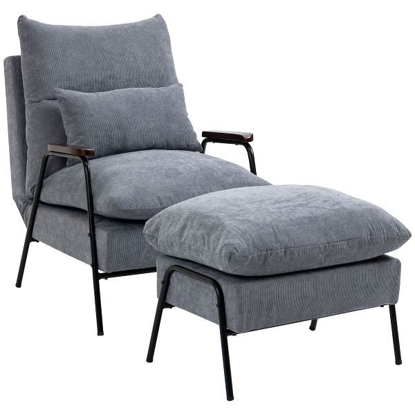 HOMCOM Sessel mit Ottomane Polstersessel Relaxsessel, inkl. Kissen, 68 cm x 91,5 cm x 88 cm, Hellgrau, 839-505V00LG