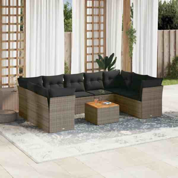 vidaXL 10-tlg. Garten-Sofagarnitur mit Kissen Grau Poly Rattan, UV-beständig, 3223806
