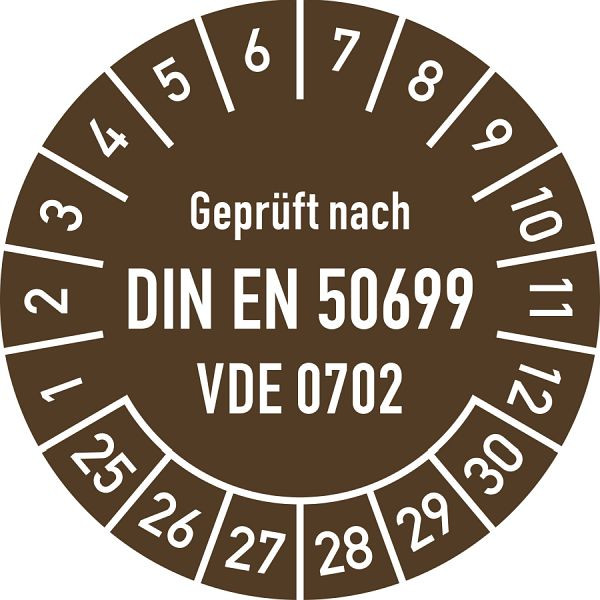 Moedel Prüfplakette DIN EN 50699, VDE 0702, 2025-2030, Folie, Ø 30mm, VE: 10 Stück/Bogen, 108554