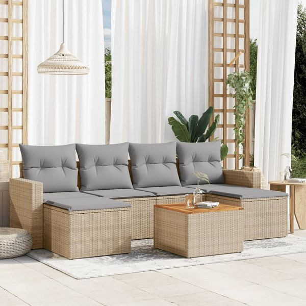 vidaXL 7-teilig Garten-Sofagarnitur mit Kissen Beige Poly Rattan, 3224246