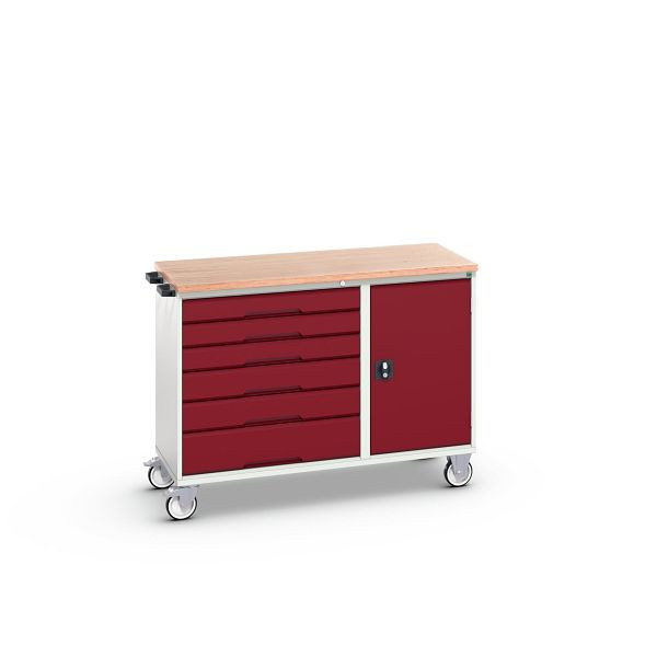 bott verso Montagewagen, mit 6 Schubladen, Tür und Multiplex-Top, BxTxH: 1300 x 600 x 980 mm, Lichtgrau / Purpurrot, 16927154.24