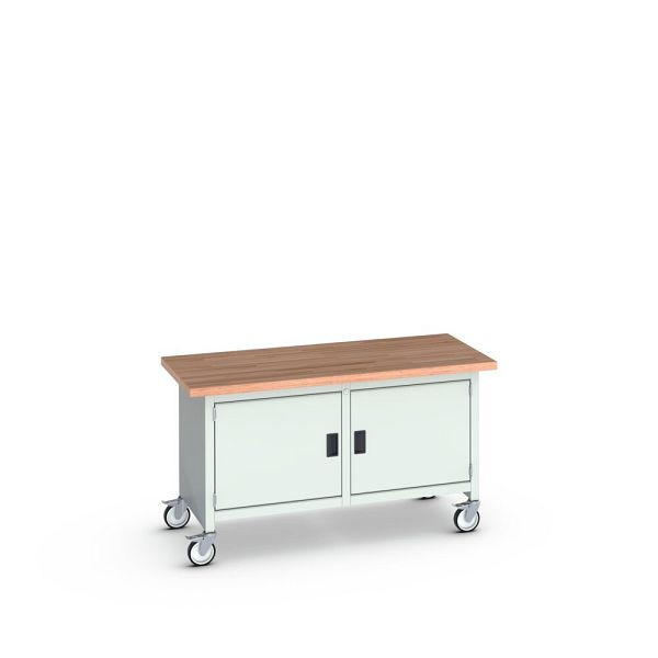 bott cubio Kastenwerkbank mobil, 2 Türen, 2 Ablagen, Rotbuche-Arbeitsplatte, BxTxH: 1500x750x840mm, RAL 7035/7035, Lichtgrau, 41002098.16V