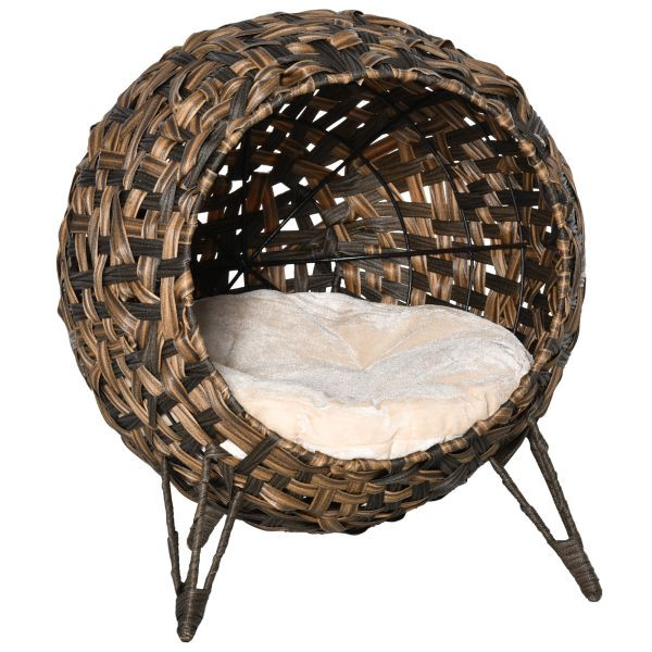 PawHut Katzenhaus aus Rattan mit Kissen Katzenschlafplatz Katzenhöhle mit erhöhten Füßen Braun Ø52 x 58 cm, D30-245V01